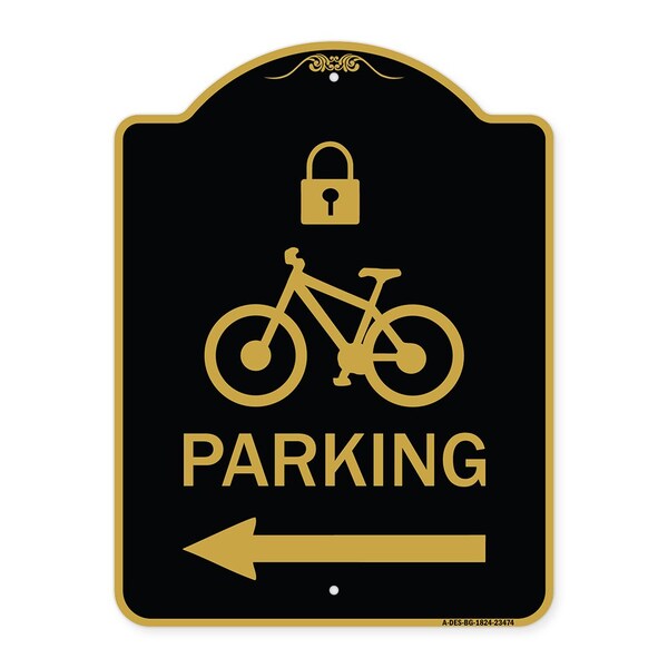 Parking W/ Lock Cycle & Left Arrow, Black & Gold Aluminum Sign, 18" x 24", BG-1824-23474